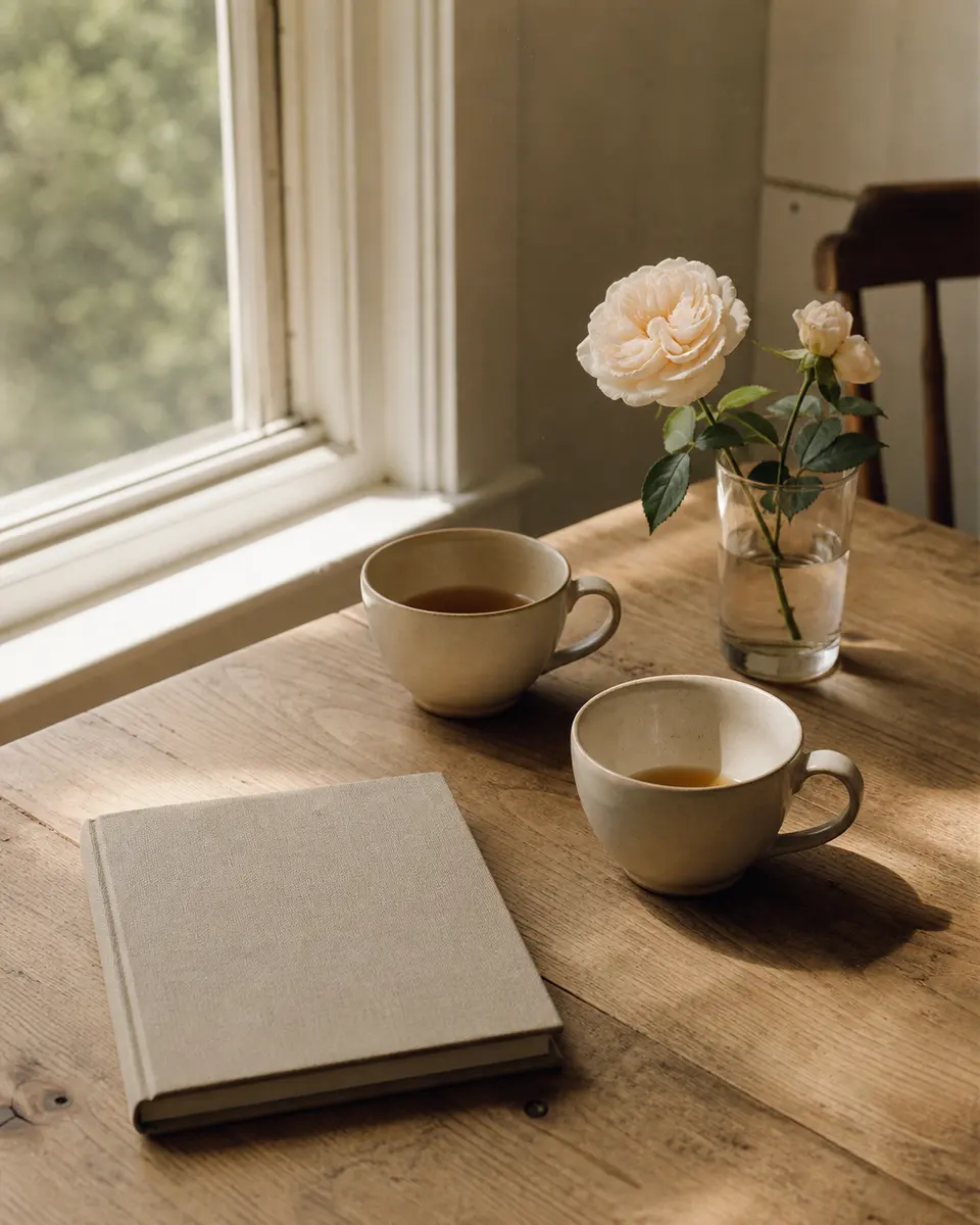 Two cups of tea on a wooden table by a window, beside a closed notebook and a single garden rose.