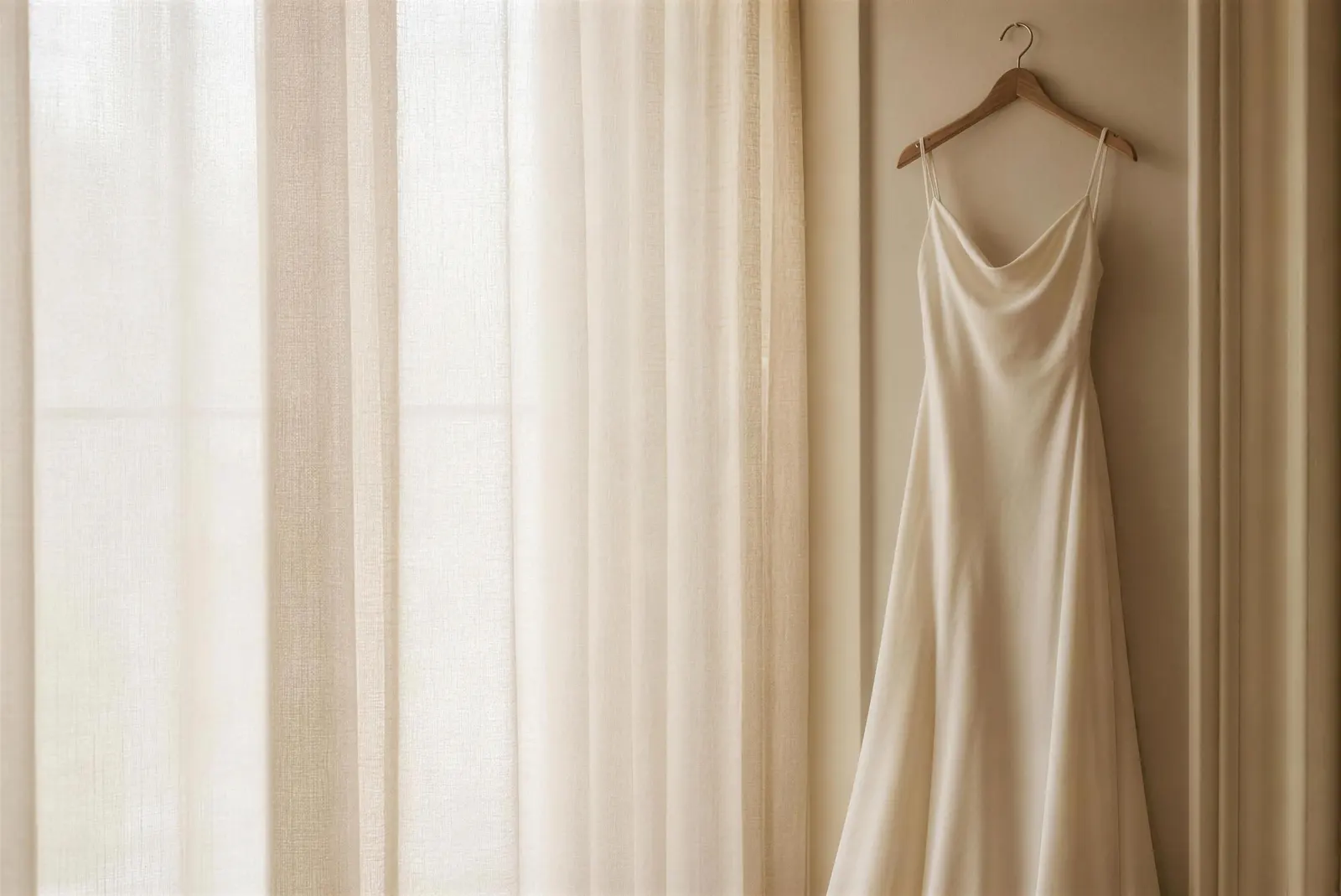 First light through a curtained window, the gown waiting on its hanger.