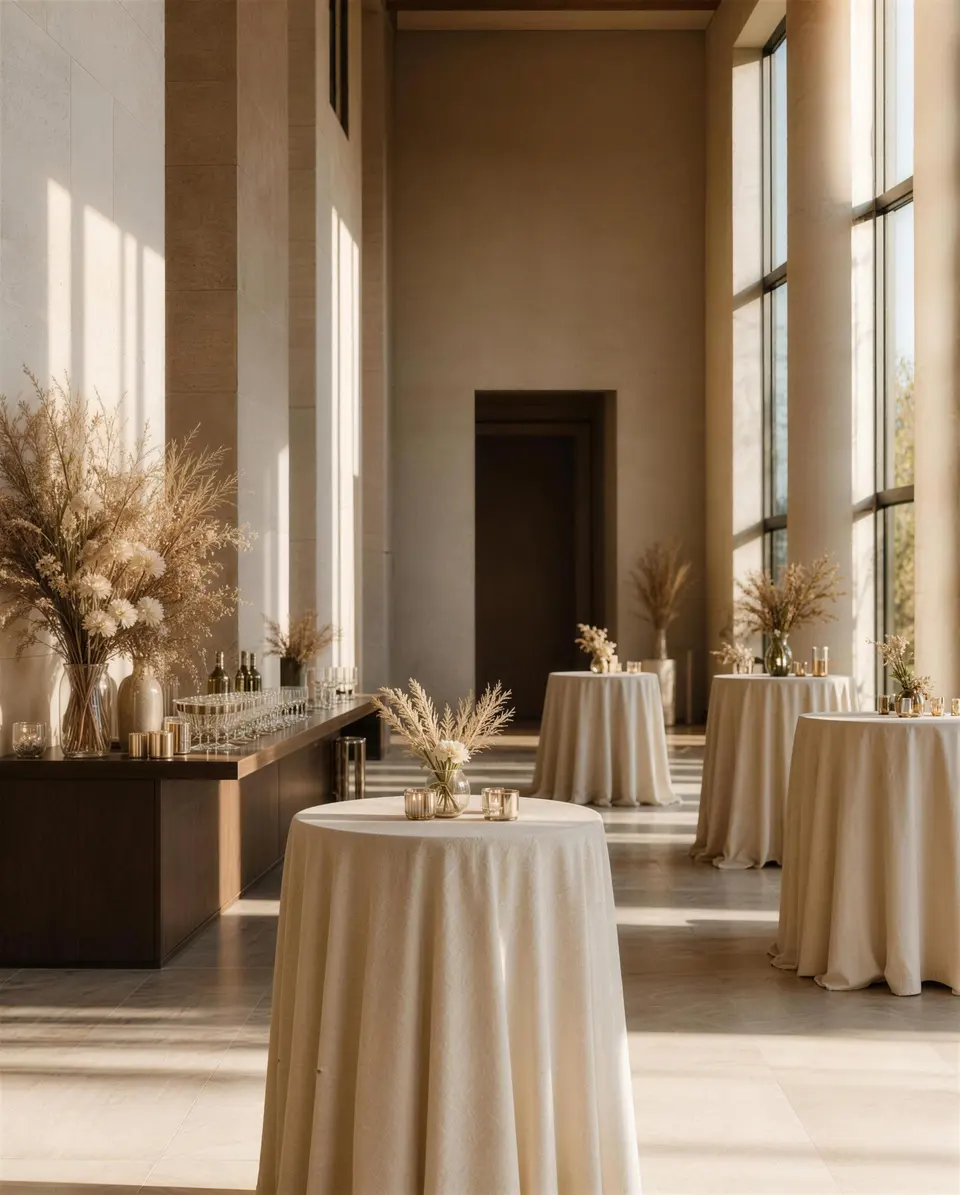 Draped cocktail tables in a double-height hall with light falling through arched windows.