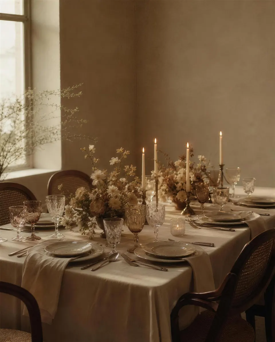 A long dinner table laid with linen, tapers and dried flowers beside a tall window.