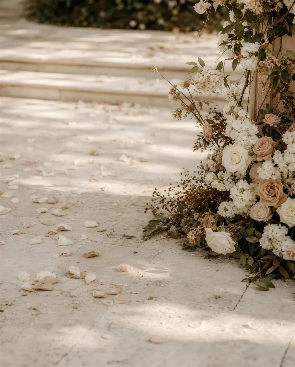 Cream roses and hydrangea spilling onto a sunlit stone aisle scattered with petals.