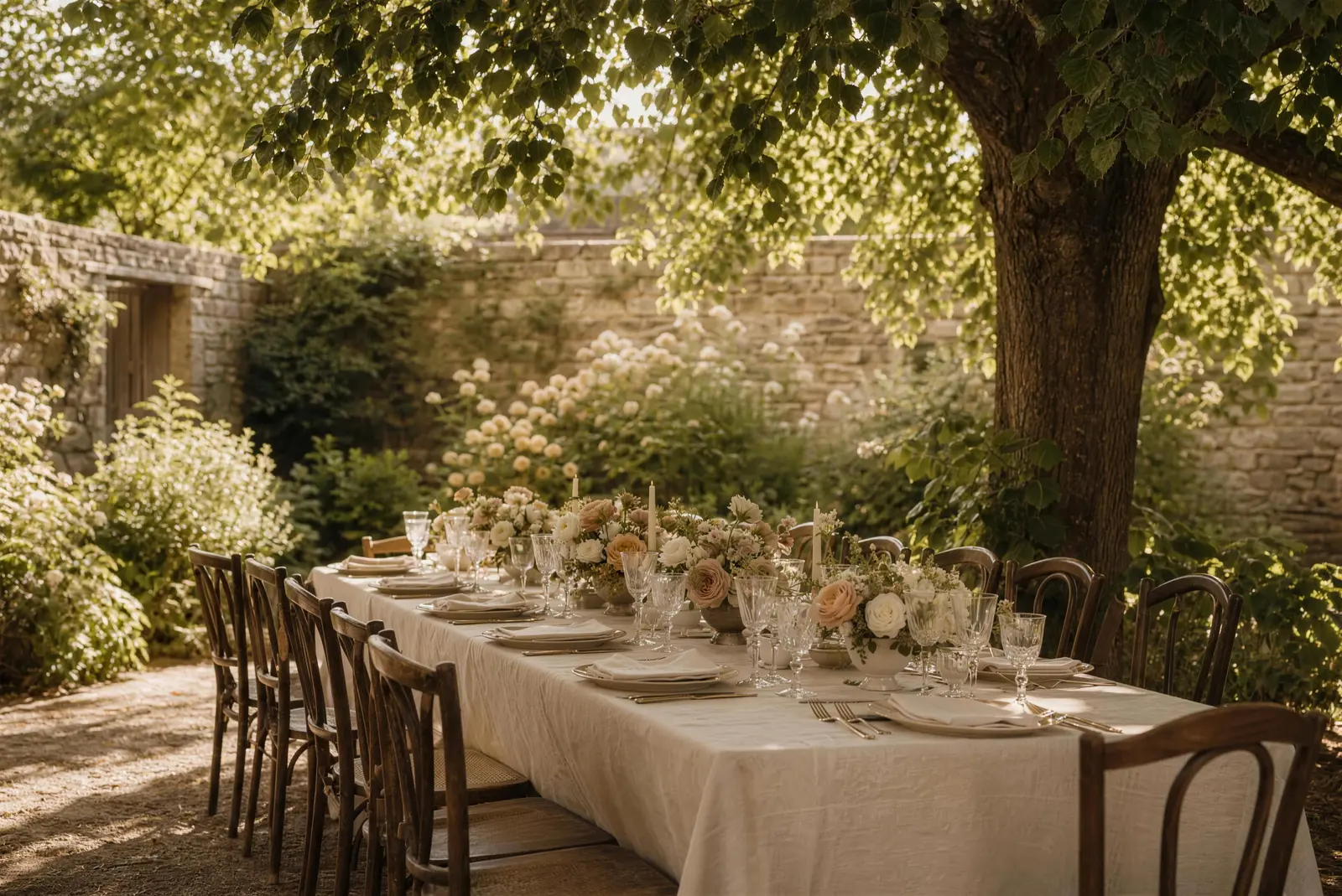 A garden dinner under the linden. A private garden, Toronto.